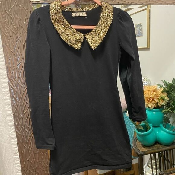 🌹 Mini Tunic Dress 🌹 With Gold Sequin Collar - Picture 1 of 5